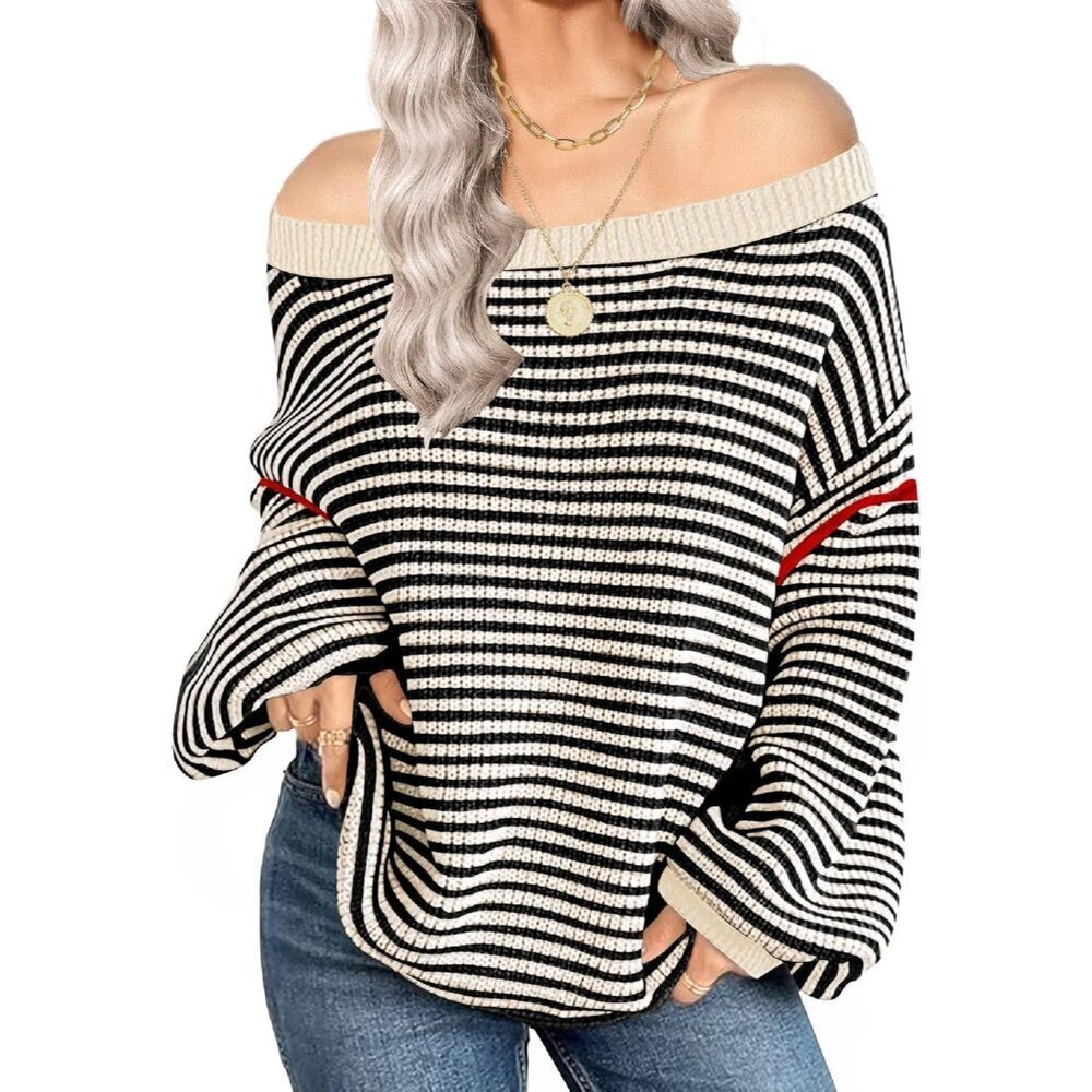 Womens Oversized Knit Sweater Off Shoulder Crewneck Striped Long Sleeve